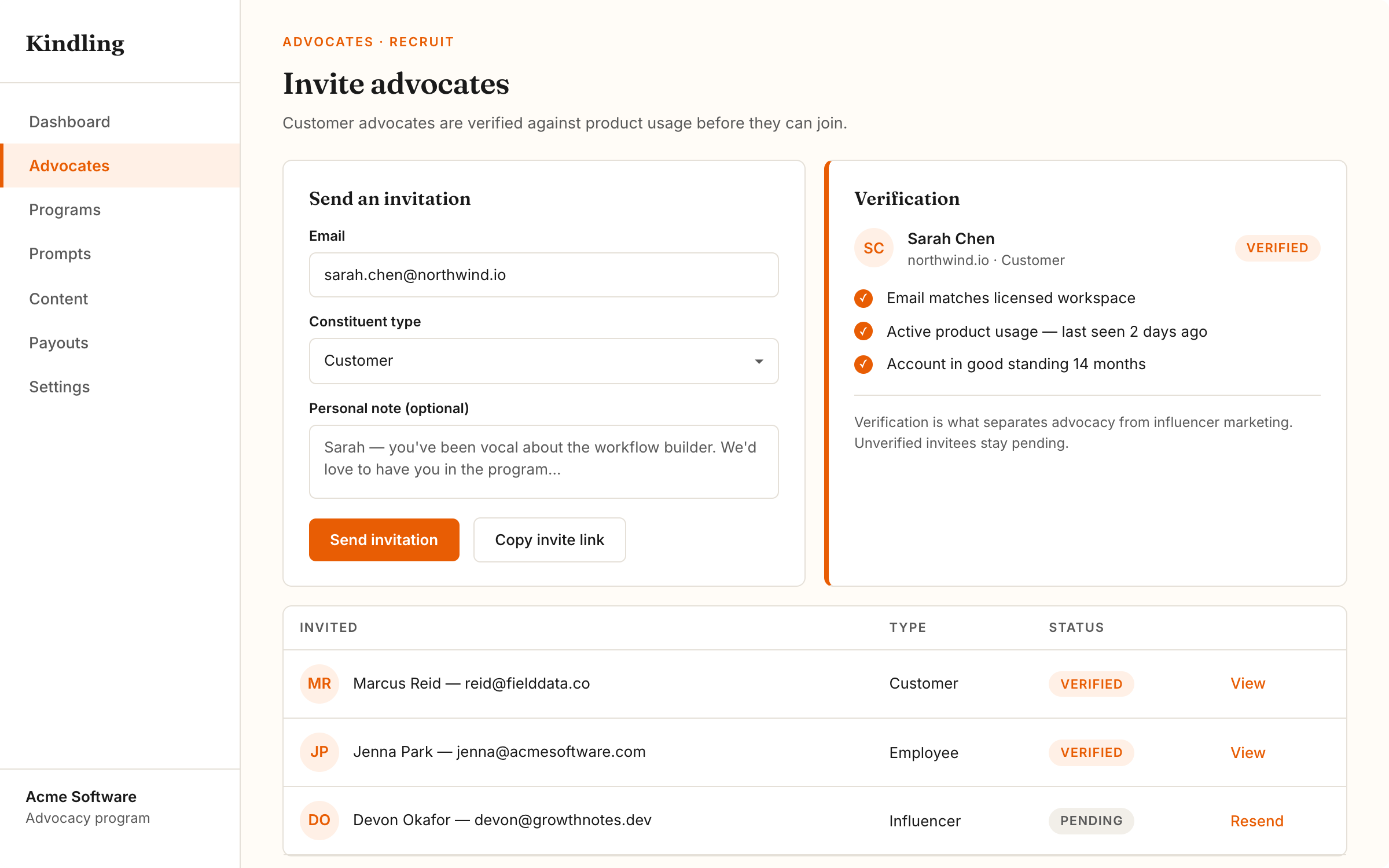 Kindling advocate invitation and verification screen