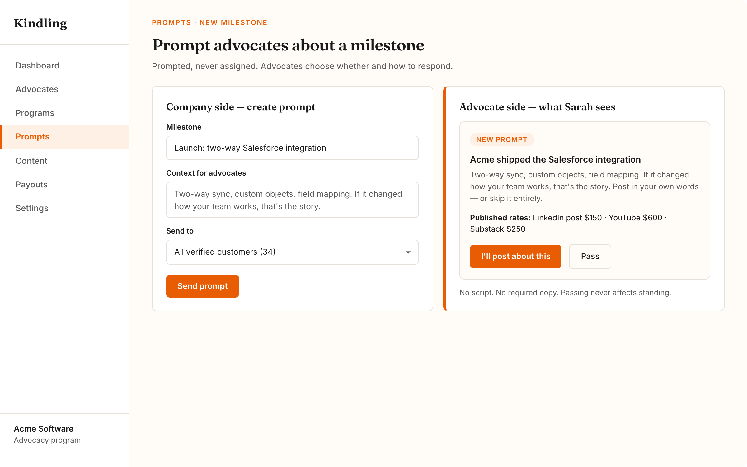 Kindling milestone prompt, company side and advocate side