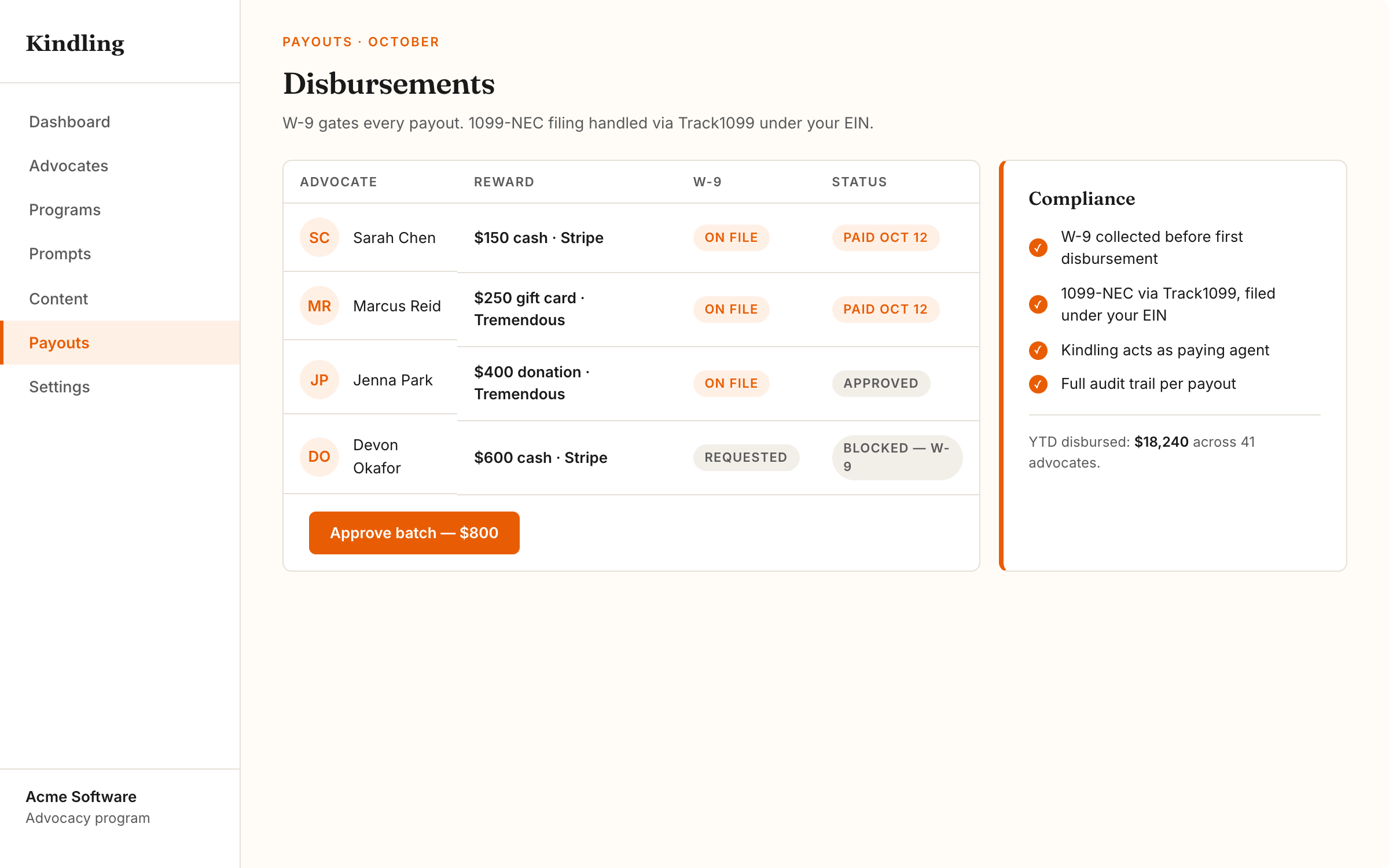 Kindling payout flow with W-9 gate and reward disbursement